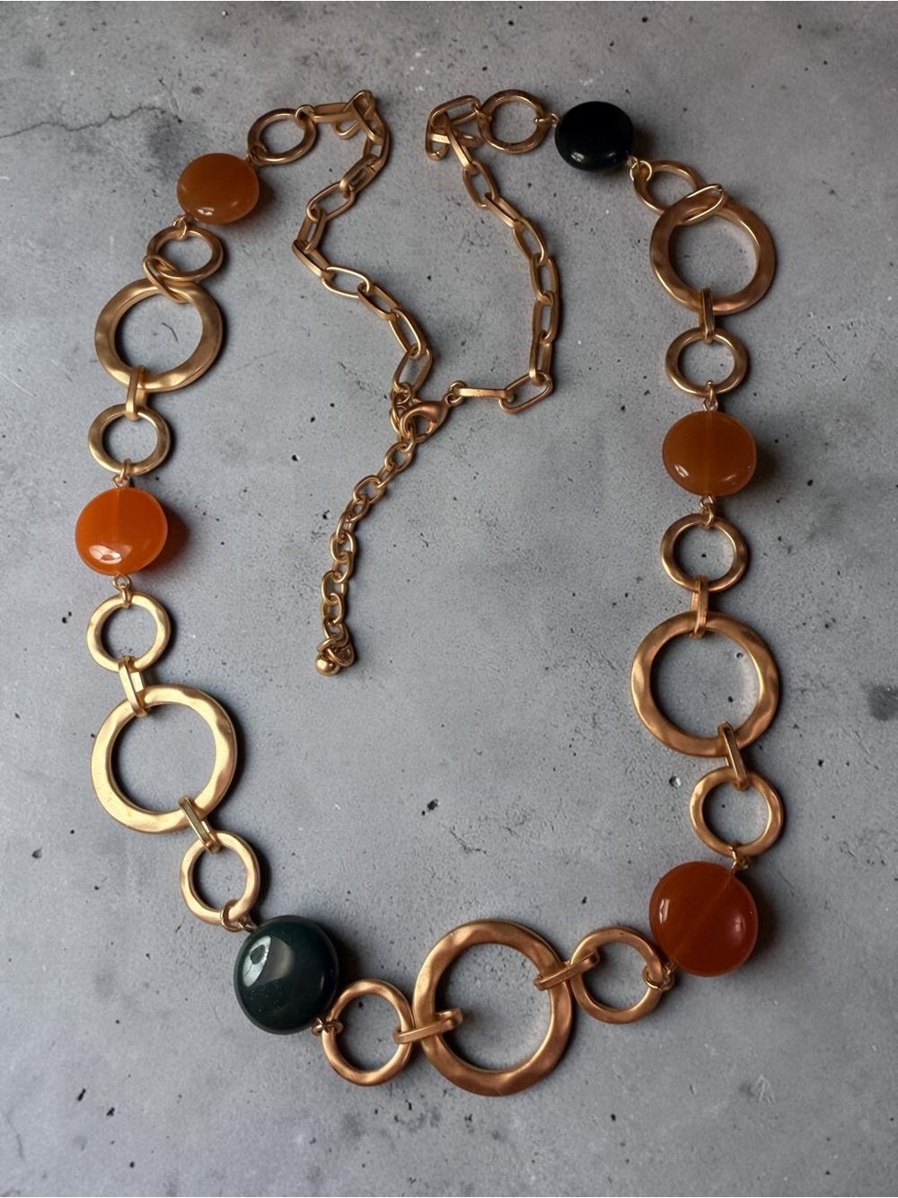 Gold-Tone Link Necklace with Amber and Black Resin Beads
